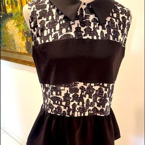 New Raoul Peplum Silk Top Black & White Print 12
